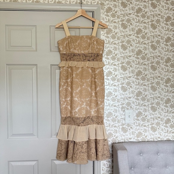 Jay Godfrey Nude Lace Ruffle Midi Dress | Size 4 | Wedding Guest or Formal - Picture 4 of 8